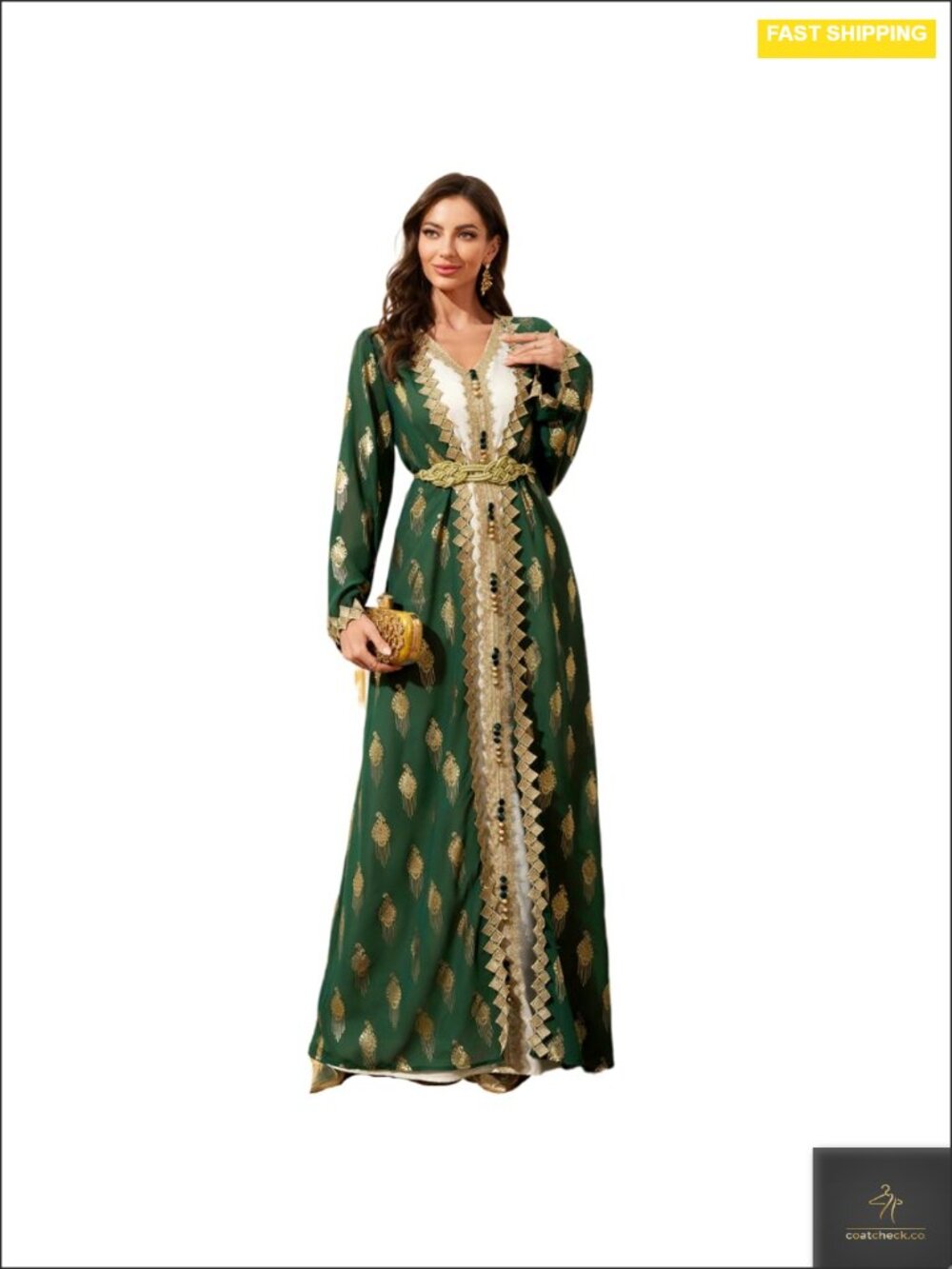 Embroidered Modest Maxi Dress Long Sleeve V-Neck Abaya Kaftan Formal Event